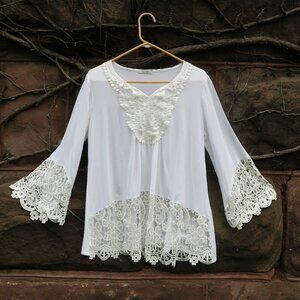 SoTeer White Lace Cotton Blend Long Bell Sleeves Bohemian Top Blouse Size M
